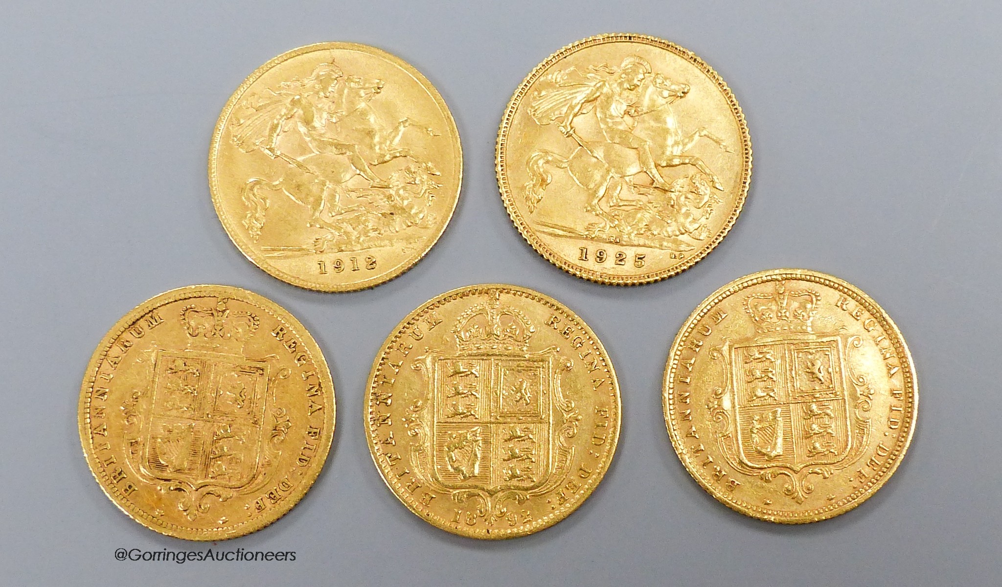 Five gold half sovereigns, 1884, nicks otherwise good F, 1885, F, 1892 good F, 1912, VF, 1925SA, good VF